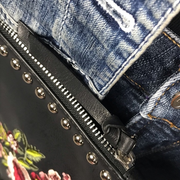 Harlow Black Boho Biker Chic Embroidered Crossbody Shoulder Clutch Bag - Picture 8 of 9